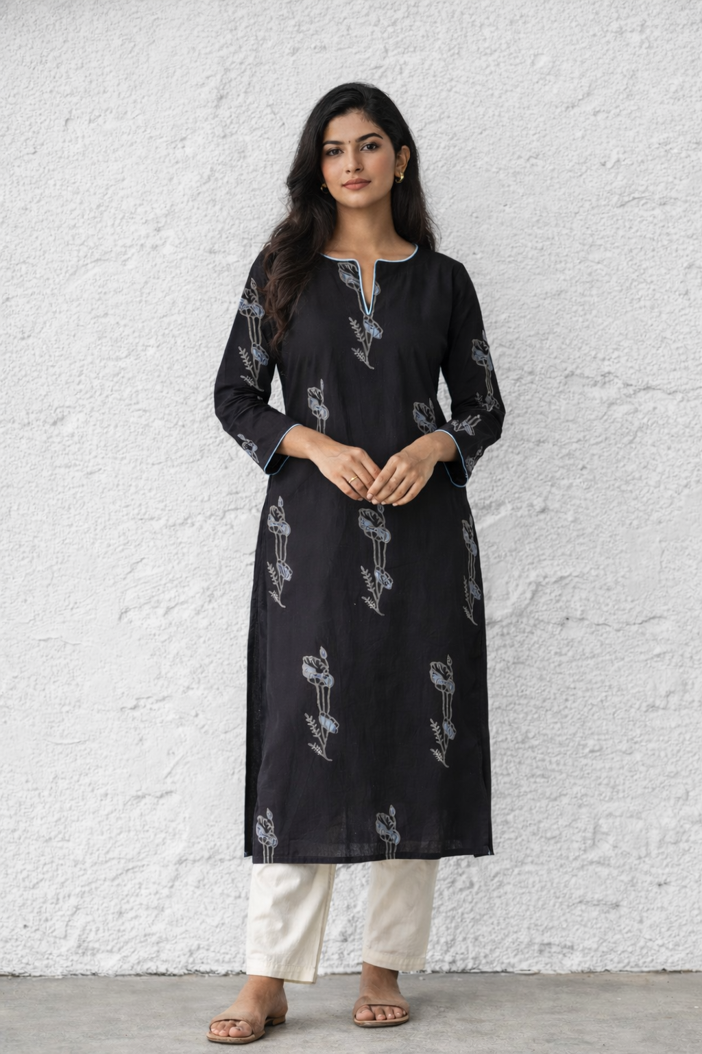 Cotton straight Kurta + Contrast neckline