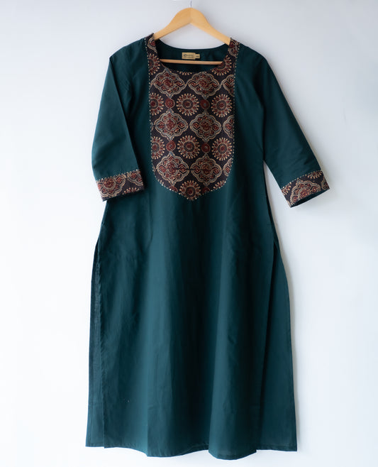 Solid cotton Kurta with a long yoke + Kantha embroidery