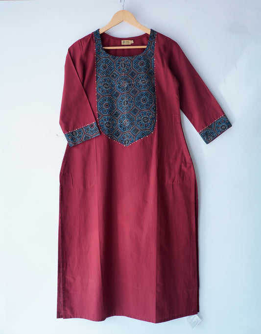 Solid cotton Kurta with a long yoke + Kantha embroidery