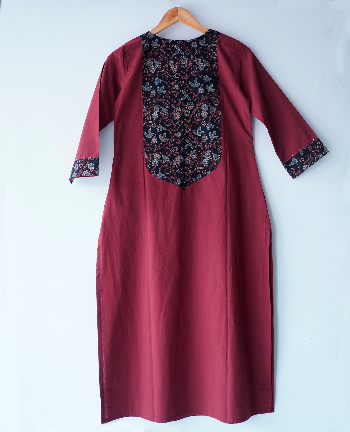 Solid cotton Kurta with a long yoke + Kantha embroidery