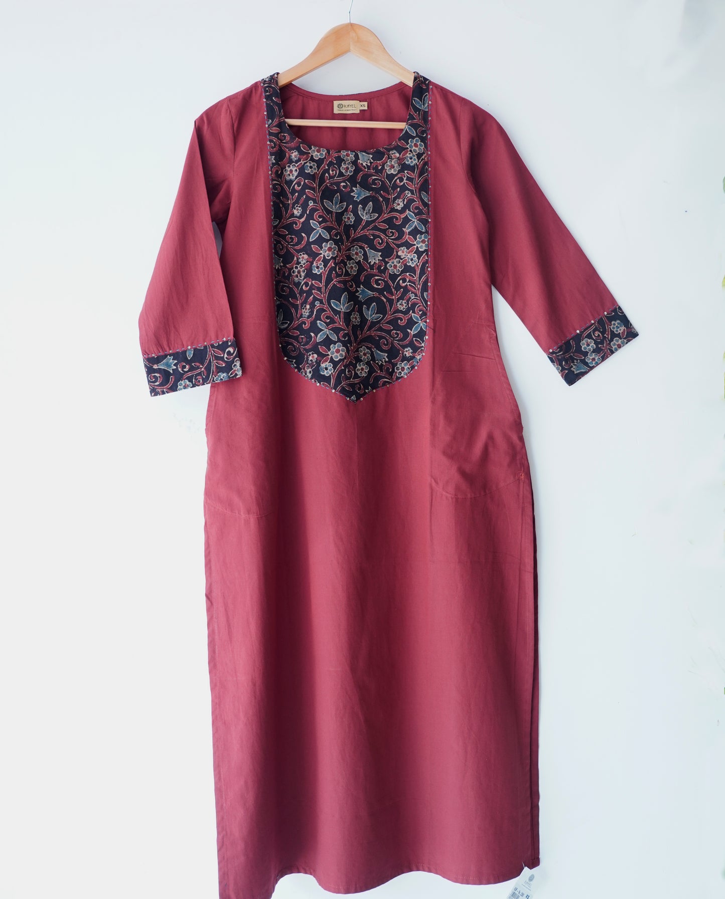 Solid cotton Kurta with a long yoke + Kantha embroidery