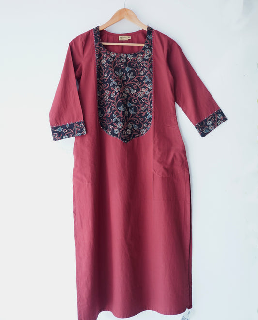 Solid cotton Kurta with a long yoke + Kantha embroidery