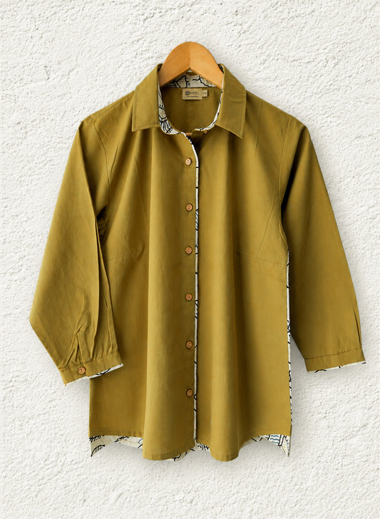 Cotton Shirt with Ajrakh Back Panel & Accents - Ochre (Yellow)