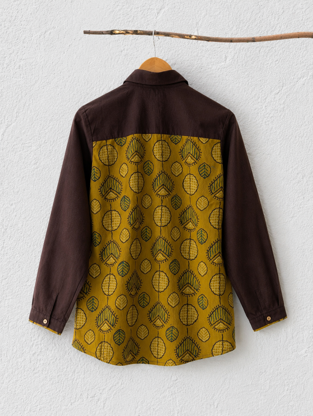 Cotton Shirt with Ajrakh Back Panel & Accents - Brown