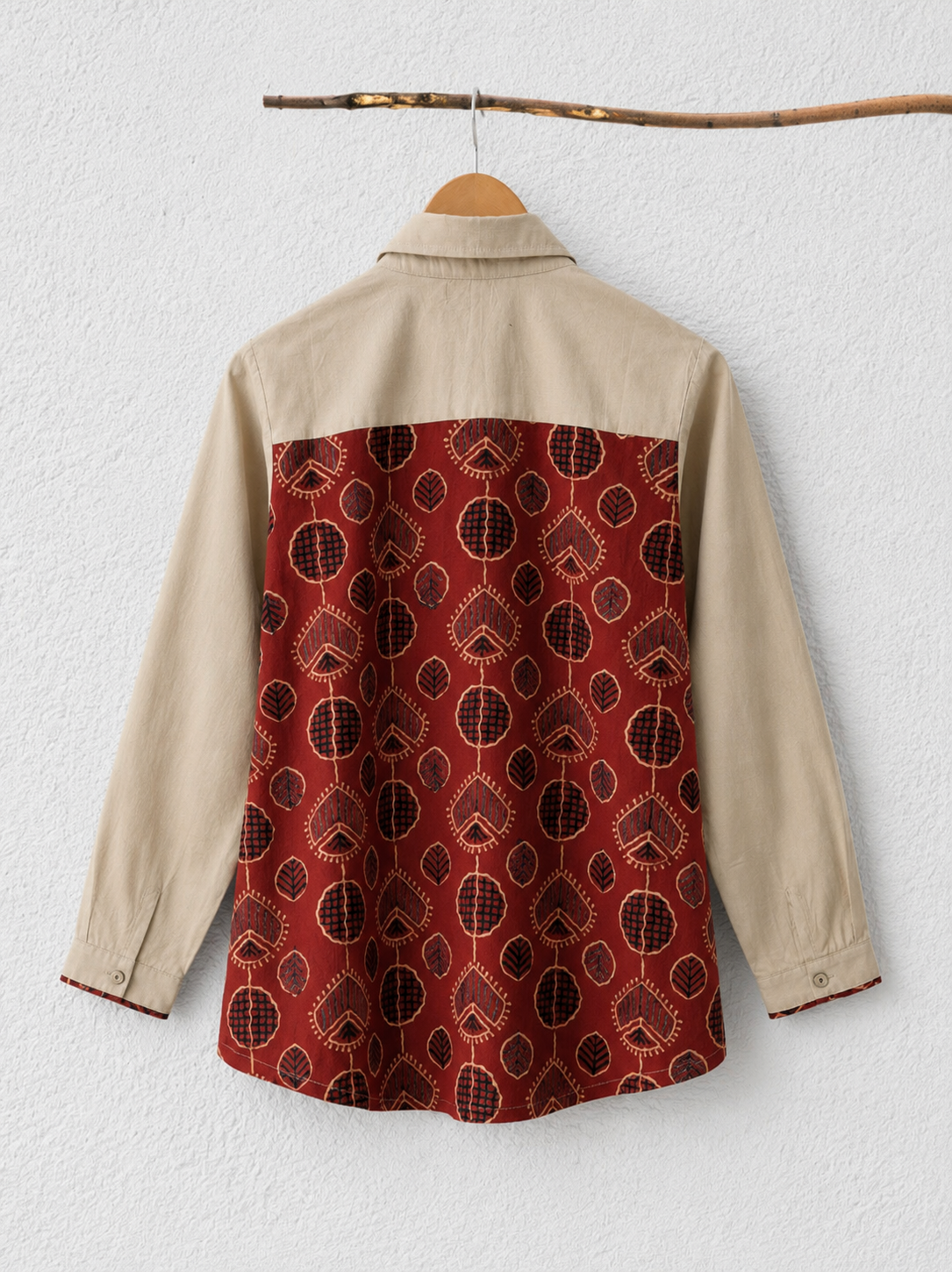 Cotton Shirt with Ajrakh Back Panel & Accents - Beige