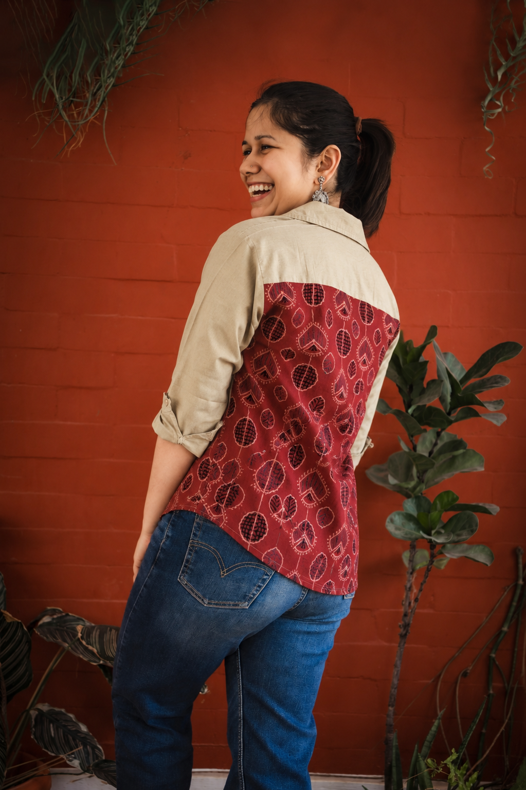 Cotton Shirt with Ajrakh Back Panel & Accents - Beige