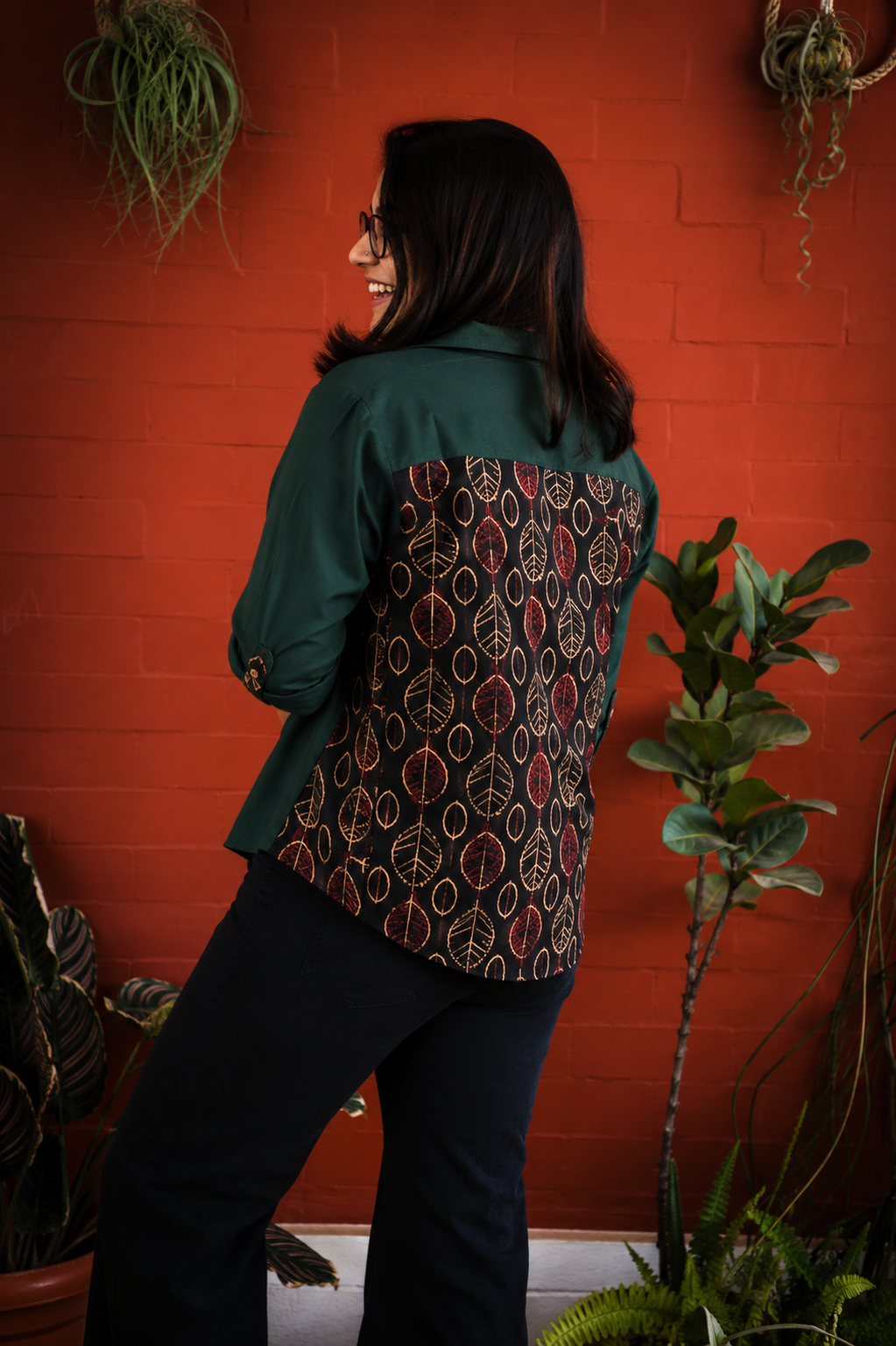 Cotton Shirt with Ajrakh Back Panel & Accents - Bottle Green