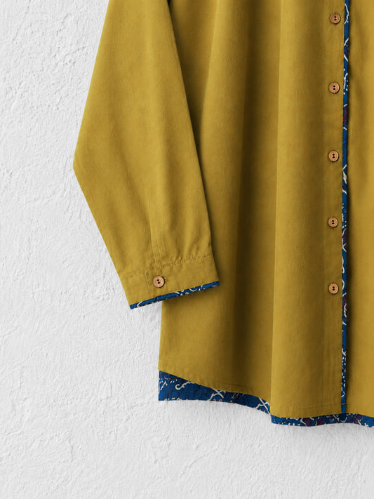 Cotton Shirt with Ajrakh Back Panel & Accents - Ochre (Yellow)