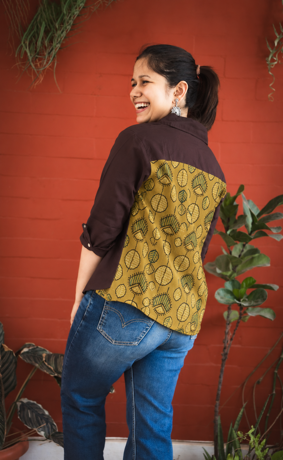 Cotton Shirt with Ajrakh Back Panel & Accents - Brown