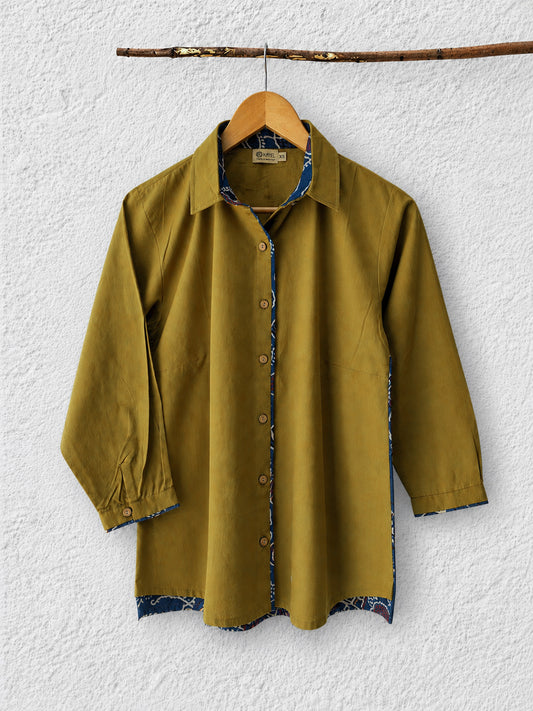 Cotton Shirt with Ajrakh Back Panel & Accents - Ochre (Yellow)