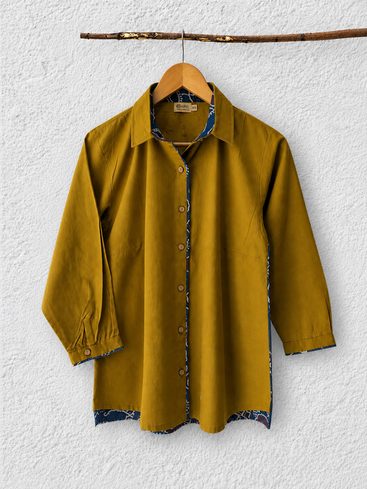 Cotton Shirt with Ajrakh Back Panel & Accents - Ochre (Yellow)