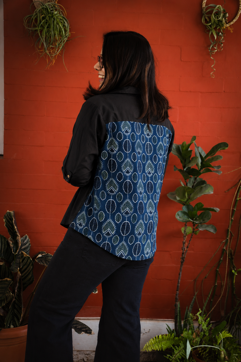 Cotton Shirt with Ajrakh Back Panel & Accents - Black
