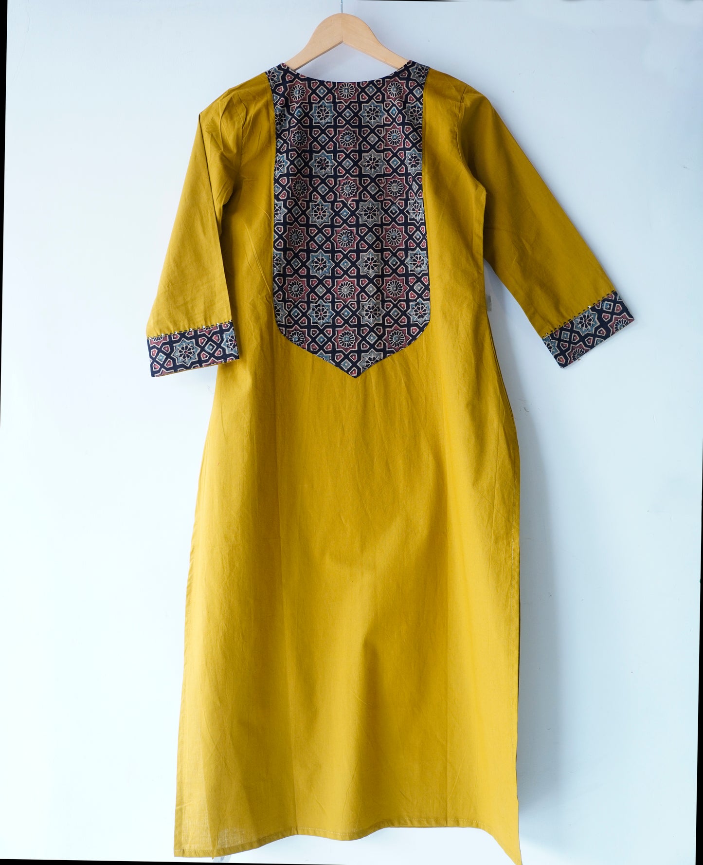 Solid cotton Kurta with a long yoke + Kantha embroidery