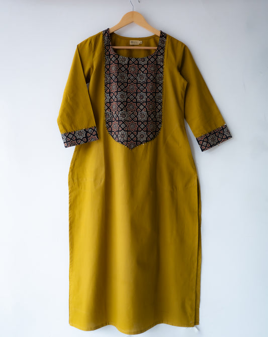 Solid cotton Kurta with a long yoke + Kantha embroidery